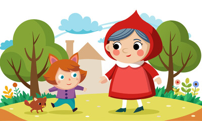 Naklejka premium Download Little Red Riding Hood Is Walking To Grandmother Vector Art Illustration Eps File For Design.