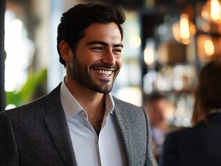 Smiling entrepreneur engaging with clients modern office professional portrait vibrant atmosphere positive energy