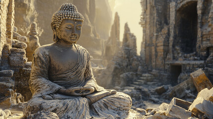 Ancient Buddha Statue in Weathered Stone Surrounded by Ruins, ai generated