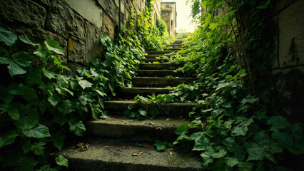 Ancient stone staircase overgrown with lush green ivy and plants leading to bright light outdoors