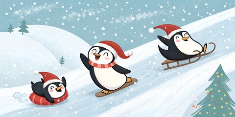 Obraz premium Playful penguins enjoying winter holiday sliding down snowy hills with christmas trees and snowflakes,perfect for festive projects