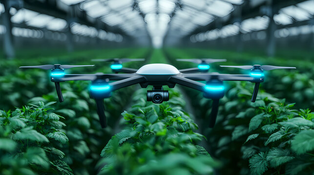 A drone hovers over lush green crops inside a modern greenhouse, showcasing advanced agricultural technology.