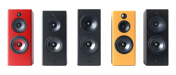 Assortment of colorful bookshelf speakers displaying various finishes isolated on a transparent background for audio marketing.