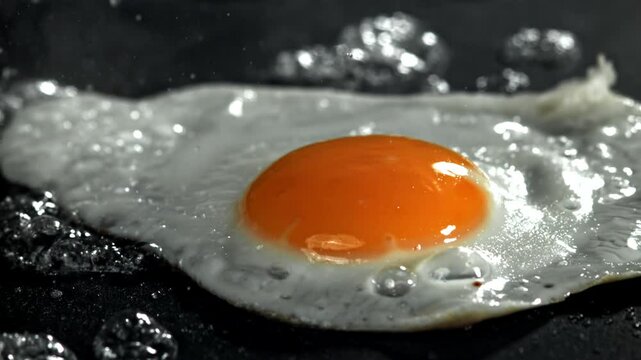 The egg is fried in a pan. Filmed on a high-speed camera at 1000 fps. High quality FullHD footage