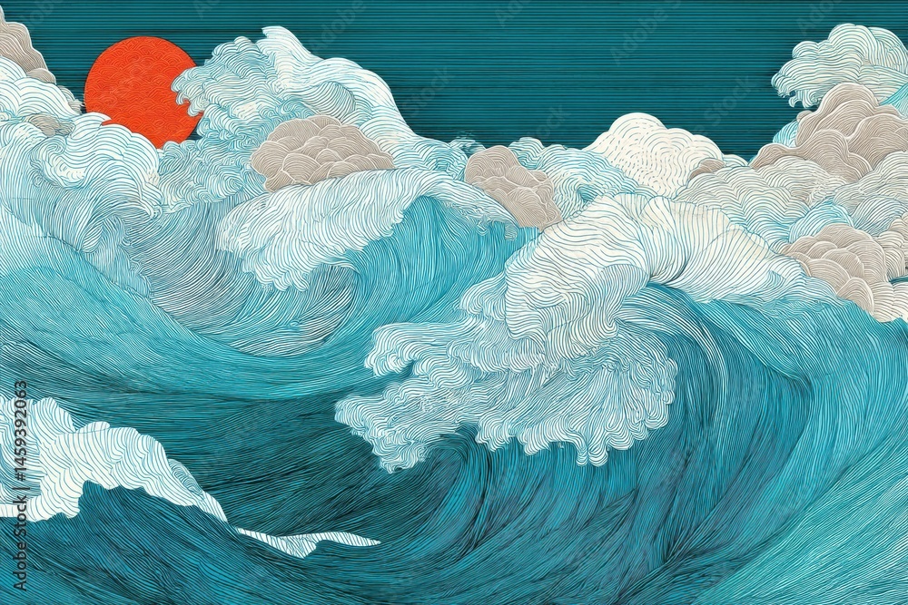 Poster stylized pen drawing of waves crashing under a vibrant orange sun in a japanese art style generative