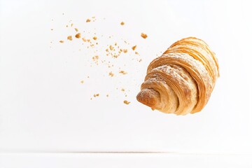 Flying croissant with crumbs, on white background. Delicious pastry in motion