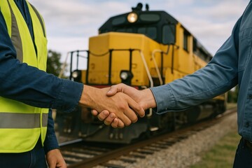 Handshake near yellow train