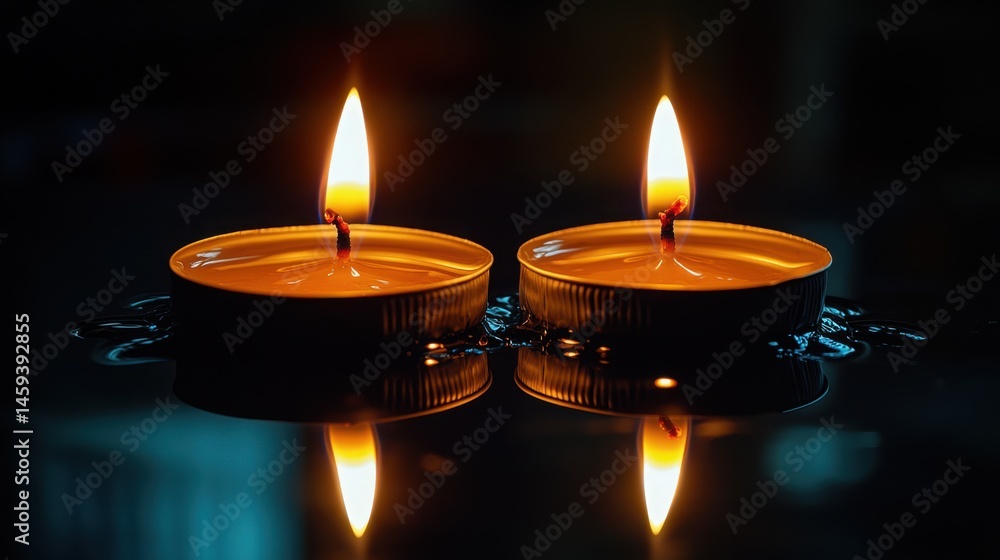Poster candle flame reflected in a black mirrored surface, creating an intriguing double flame effect with 