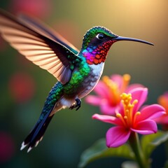 Fototapeta premium Colorful hummingbird hovering near pink flower with yellow center