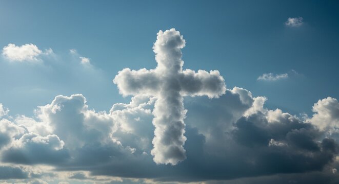 A cloud formation resembling a cross against a blue sky with scattered fluffy white clouds around it - Powered by Adobe
