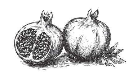 Hand-drawn illustration of two pomegranates, one sliced open.