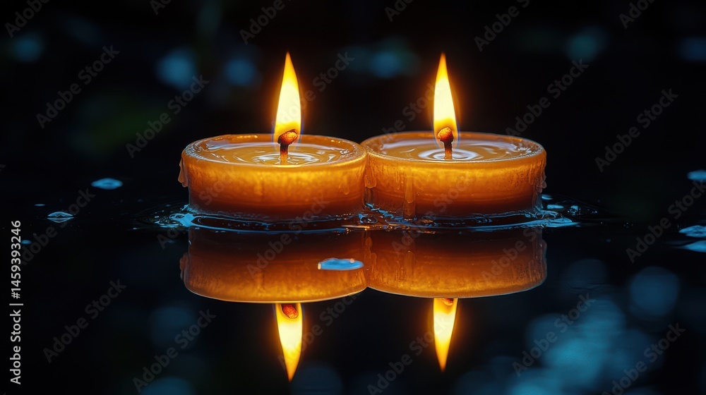 Poster candle flame reflected in a black mirrored surface, creating an intriguing double flame effect with 