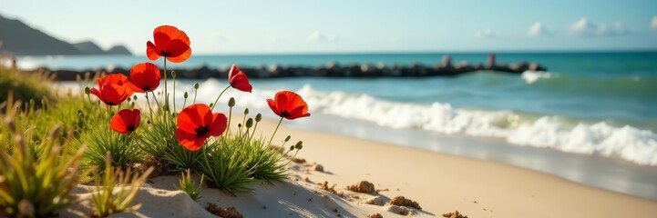 Fototapeta premium Close-up of poppy flowers growing on sandy beach with wooden groynes, sand, poppies