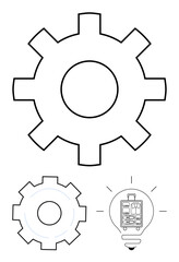 Gear outlines explore engineering and functionality, paired with a light bulb encompassing ideas of innovation, creativity, and problem-solving. Ideal for business, design, mechanics, innovation