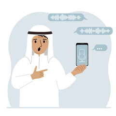 A man holds a smartphone using a voice assistant application. Voice recognition concept. Smart speaker applications, office controller, hands-free phone calls, voice command software. Vector flat illu