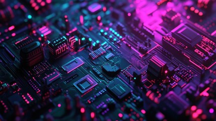 Close up view of a dark circuit board with neon pink and blue futuristic lighting, digital technology concept.