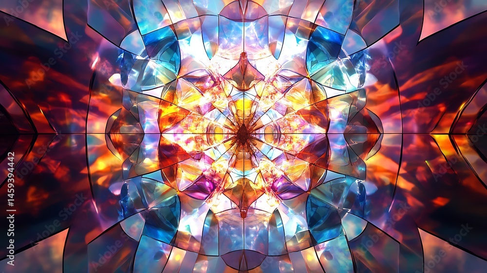 Poster abstract kaleidoscopic pattern with vibrant colors and intricate designs
