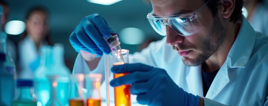 Close-up of scientist in white lab coat examining test tube under bright light, discovery, professional, chemistry