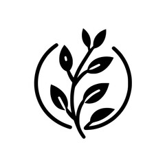 Minimalist Botanical Logo: Black Leaf Branch in Circle, White Background