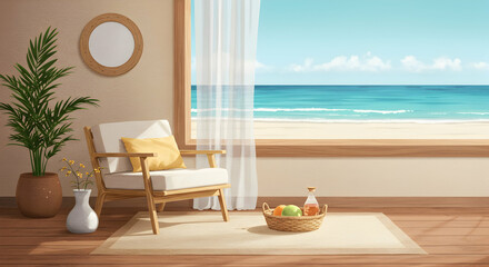 Obraz premium Cozy Beachside Interior with Chair, Basket, and Ocean View