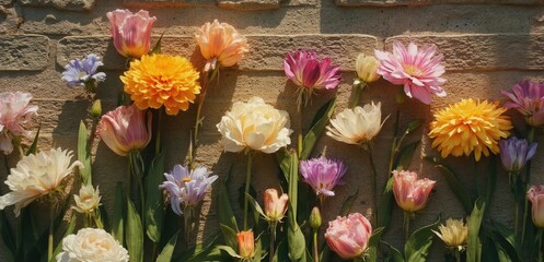 A vibrant arrangement of multicolored spring flowers including tulips and peonies lined up vertically against a rustic stone wall in bright sunlight casting soft shadows