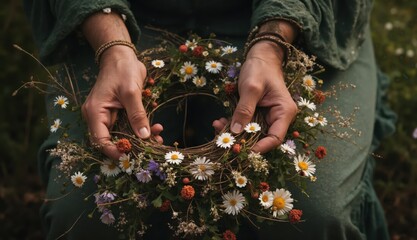 A close-up image of a person dressed in green holding a vibrant daisy-filled flower wreath made of natural materials during an outdoor folk celebration