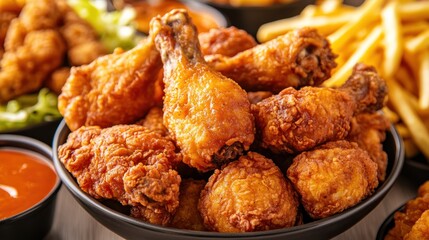 Crispy Fried Chicken Wings with French Fries and Dipping Sauce