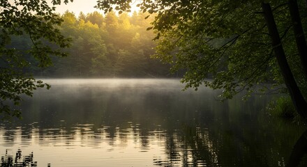 Fototapeta premium Lake at Sunrise with Fog and Tree Reflections, Serene Morning