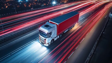 Fototapeta premium Truck with red cargo moves fast at night on highway