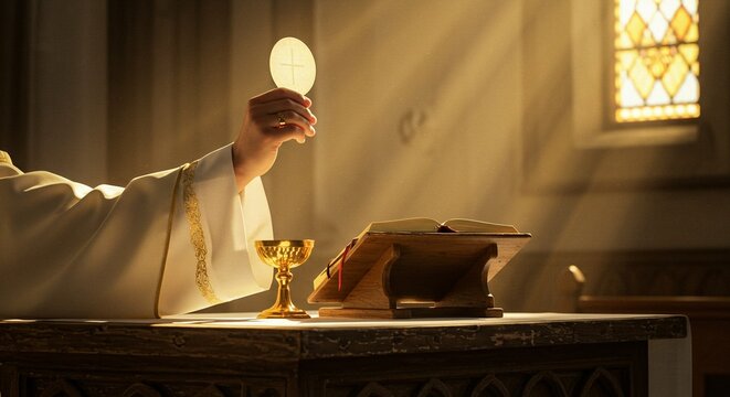 Priest holding eucharist wafer during mass with chalice and open bible on altar with light rays
