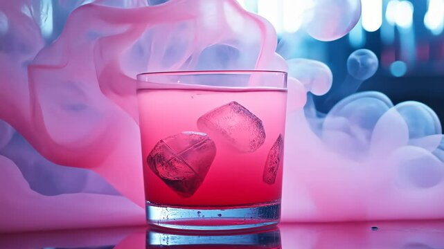 A vibrant pink cocktail shimmers in a glass, accented by swirling smoke. The refreshing drink combines fruity flavors with an eye-catching presentation, perfect for any occasion.

