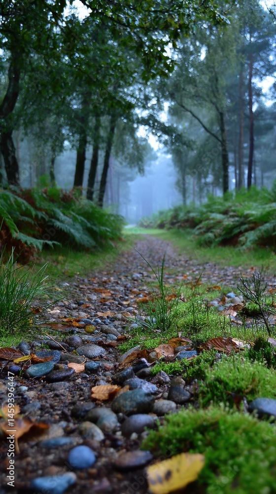 Poster a nature path through a dense and green forest with ferns and stones in the foreground on a misty da