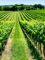 Rows of lush green grapevines stretch into the distance under a bright blue sky in a scenic vineyard landscape.