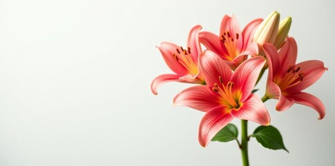 Naklejka premium Close-up of vibrant lilies on elegant white background, floral, beautiful, nature