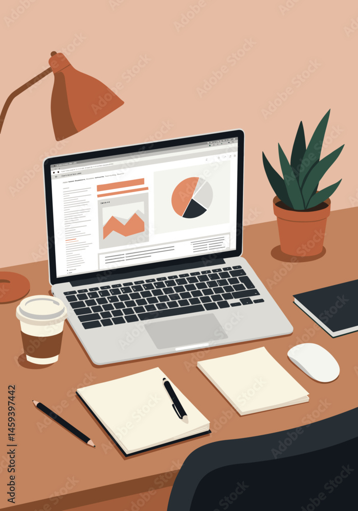 Poster chic workspace with a laptop displaying charts, coffee, and notepads for productivity and analysis c