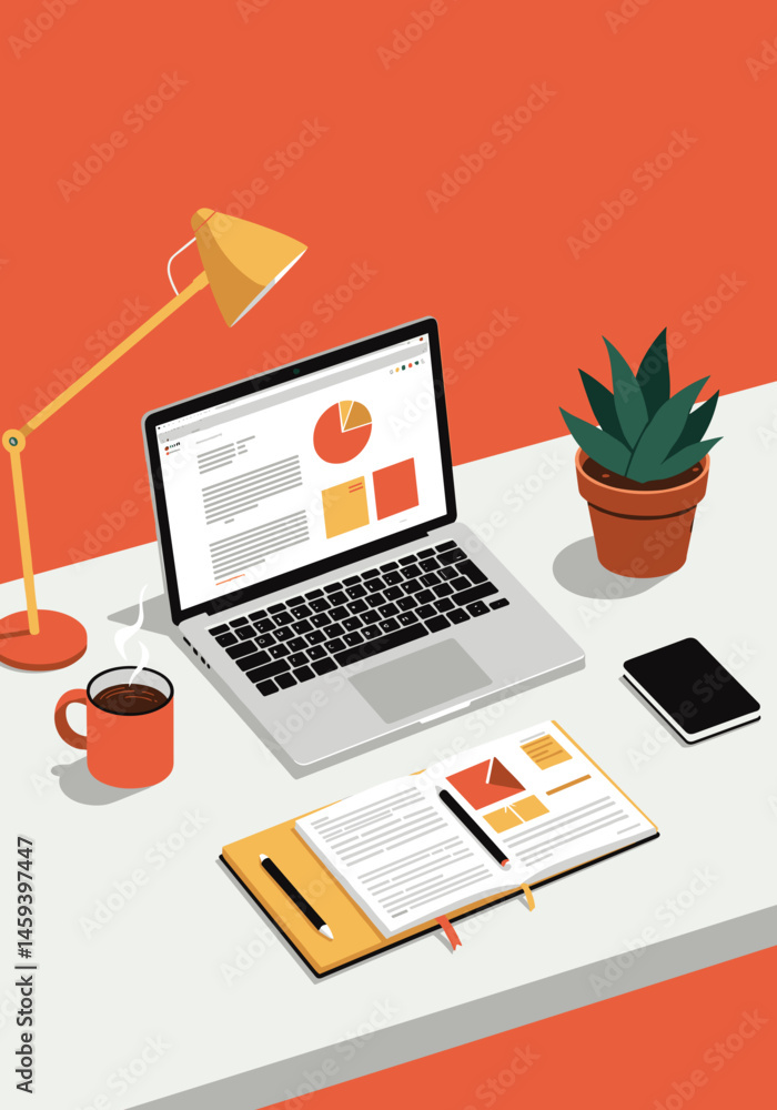 Poster bright workspace with a laptop showing graphs, coffee, and a notepad for productivity and creativity