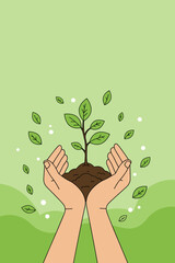 Hands embracing a small plant with green leaves in a fresh environment for eco-awareness concept