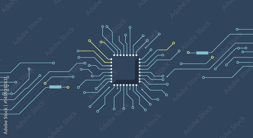 Poster microchip with circuitry on a blue background and copy space for technology concept