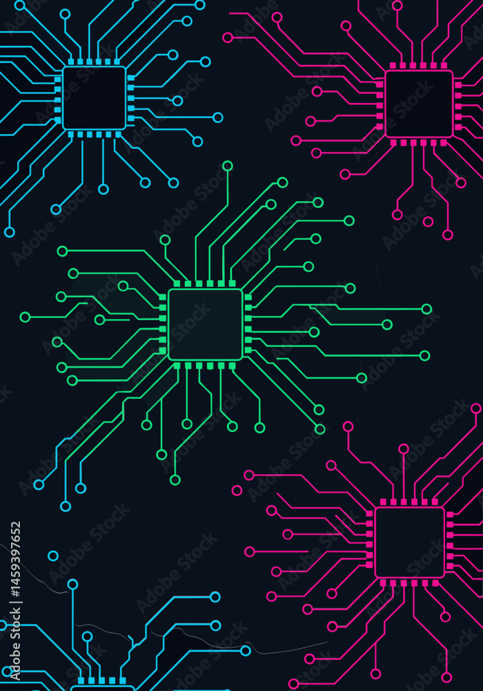 Poster colorful circuit board patterns on a dark background for technology concept