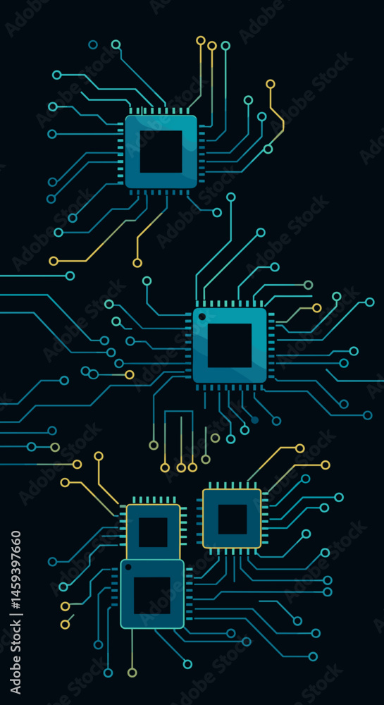 Poster three microchips with circuitry on a dark background for technology concept
