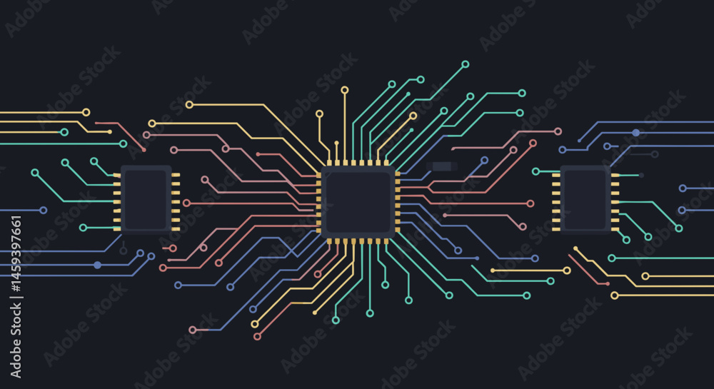 Poster three interconnected microchips with circuitry on a dark background and copy space for technology co