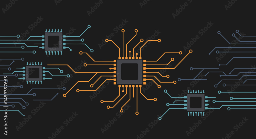 Poster four microchips with contrasting circuitry on a dark background and copy space for technology concep