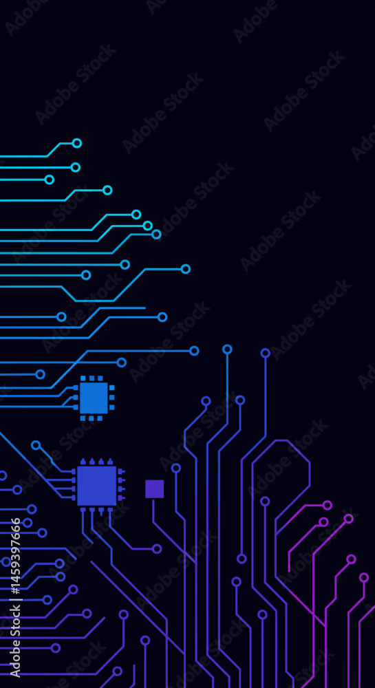 Poster abstract circuit board design with microchips on a dark background and copy space for technology con