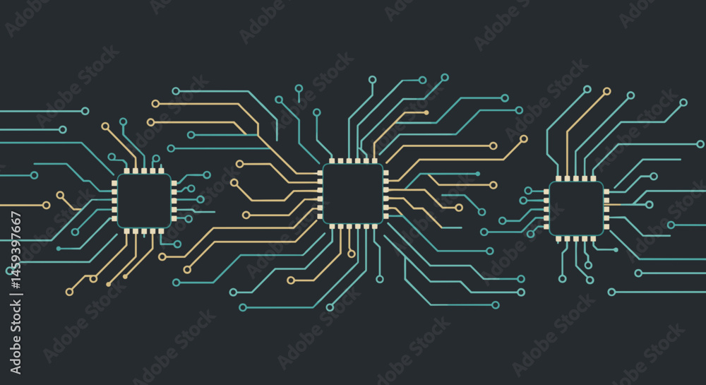 Poster three microchips connected with colorful circuitry on a dark background and copy space for technolog