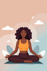 Relaxed woman meditating in a yoga pose with a serene expression surrounded by abstract leaves for wellness concept copy space