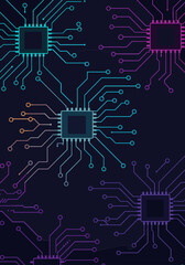 Vibrant circuit board graphics on a dark background for technology concept