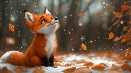 A charming autumnal fox in snowy woodland setting.