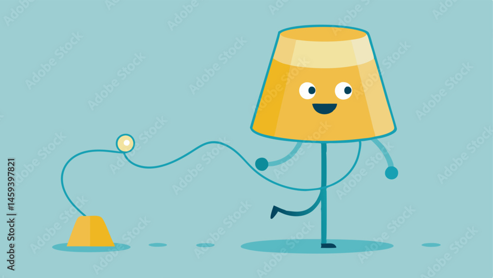 Poster playful light source a cheerful lamp with a round smiling lampshade walks on two cartoonish legs. it