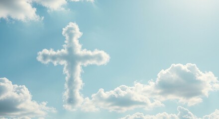 Fototapeta premium A cross shaped cloud formation in a bright blue sky with other clouds scattered around it above