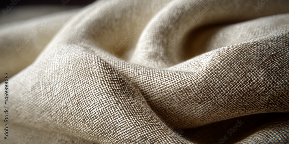 Poster Close-up of beige fabric texture, showing a woven pattern creating a smooth surface, showcasing textile material suitable for design projects, or background